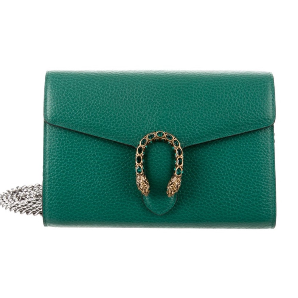 Gucci Green Leather Clutch with Gold Accent Wallet on Chain
